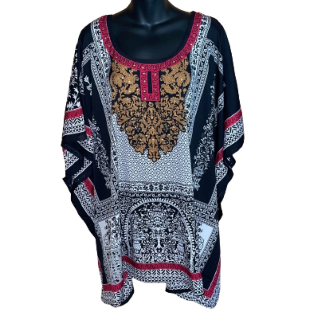 Sante’ black/white/gold/deep red flowing kaftan tunic